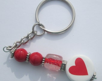 Key Chain Heart Love Red White charm handmade key chain Gift for her by Ziporgiabella