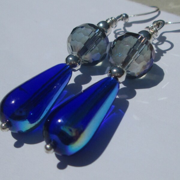 Pierced Earrings Cobalt Blue teardrop beads with crystal and silver bead handmade earrings Gift for Her by Ziporgiabella