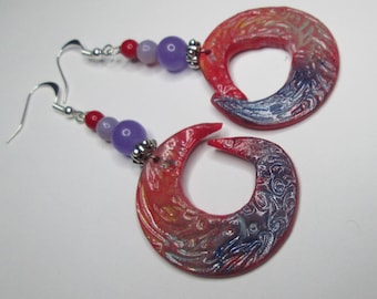 Pierced Earrings Polymer Red Swirl design Made in France with Purple Jade beads handmade Gift for Her earrings by Ziporgiabella