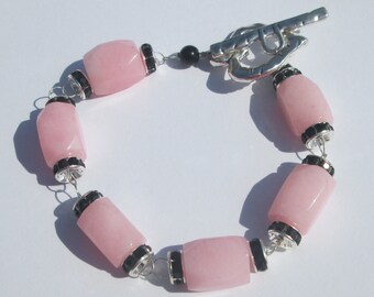 Bracelet Pink stone with black rhinestone rondelles handmade bracelet Gift for Her by Ziporgiabella