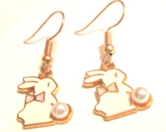 Pierced Earrings Enamel Bunny with Pink Bowtie and pearl Easter egg charm Earrings handmade Gift for Her earrings by Ziporgiabella