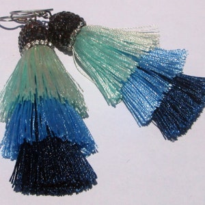 Tassel Earrings Blue Silky Fringe Thread Tassel Pierced - Etsy