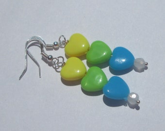 Pierced Earrings yellow green blue acrylic hearts handmade earrings Gift for Her by Ziporgiabella