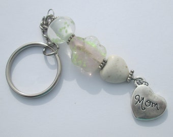 Key Chain MOM heart glass bead floral charm handmade key chain Gift for her by Ziporgiabella