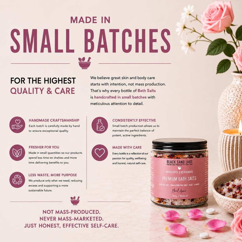 May include: A clear glass jar of Black Sand Labs Premium Bath Salts with a black lid, labeled 500g / 16.6oz. The jar contains pink and white salts with dried flower petals. Text on the jar includes 'Moisturise & Rejuvenate' and 'Floral Amour'.