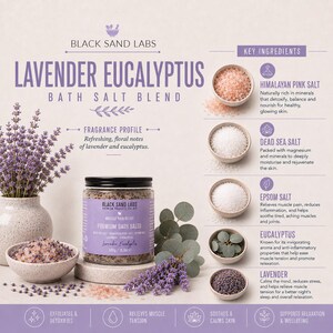 May include: A jar of Black Sand Labs Lavender Eucalyptus bath salt blend with a net weight of 16 ounces. The label lists ingredients including Himalayan pink salt, Dead Sea salt, Epsom salt, eucalyptus, and lavender, with text detailing benefits.