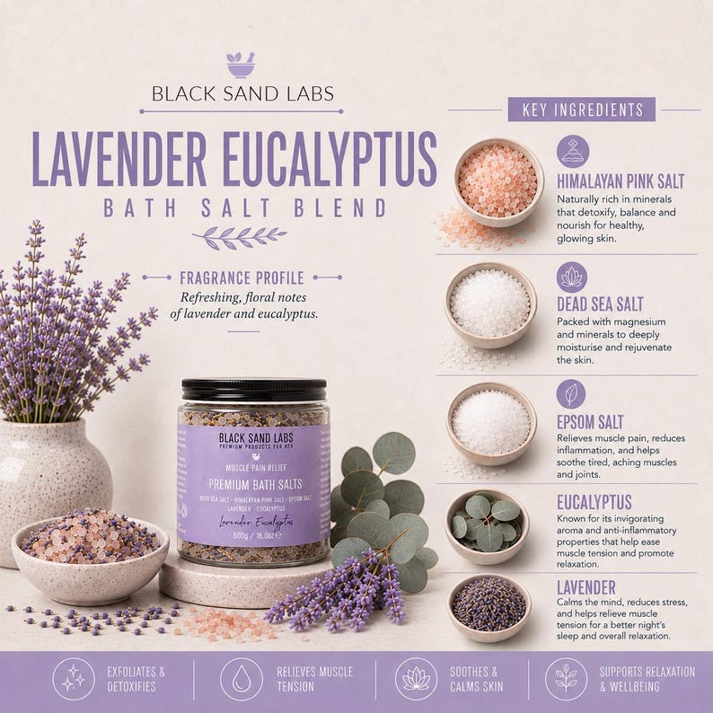 May include: A jar of Black Sand Labs Lavender Eucalyptus bath salt blend with a net weight of 16 ounces. The label lists ingredients including Himalayan pink salt, Dead Sea salt, Epsom salt, eucalyptus, and lavender, with text detailing benefits.