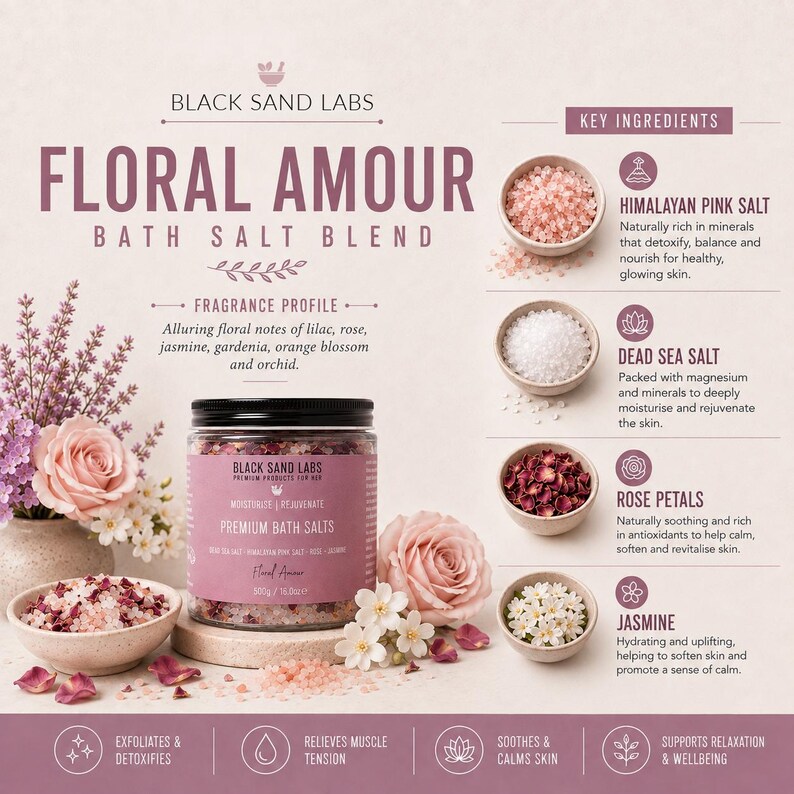 May include: A jar of Black Sand Labs Floral Amour bath salt blend with a black lid, labeled 500g / 16.8oz. The product is surrounded by pink roses, white flowers, and small bowls containing Himalayan pink salt, Dead Sea salt, rose petals, and jasmine.