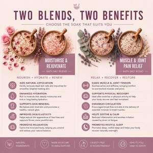 May include: An infographic titled TWO BLENDS, TWO BENEFITS featuring two bath salt options. The left side shows pink salt with rose petals for Moisturise & Rejuvenate. The right side shows salt with lavender for Muscle & Joint Pain Relief.