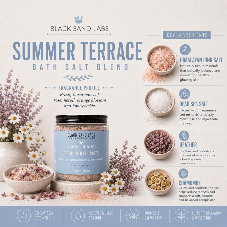 May include: A jar of Black Sand Labs Summer Terrace bath salt blend with a light blue label. The product is displayed with small bowls of Himalayan pink salt, Dead Sea salt, heather, and chamomile, alongside fresh flowers and descriptive text.