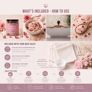 May include: A product information graphic for bath salts featuring a jar, a bowl of salts with flower petals, a person in a bathtub, a wooden scoop, and muslin drawstring bags. Text includes WHAT'S INCLUDED - HOW TO USE, instructions, and icons.