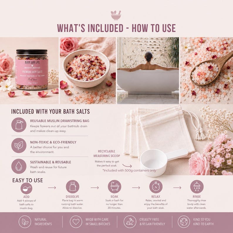 May include: A product information graphic for bath salts featuring a jar, a bowl of salts with flower petals, a person in a bathtub, a wooden scoop, and muslin drawstring bags. Text includes WHAT'S INCLUDED - HOW TO USE, instructions, and icons.