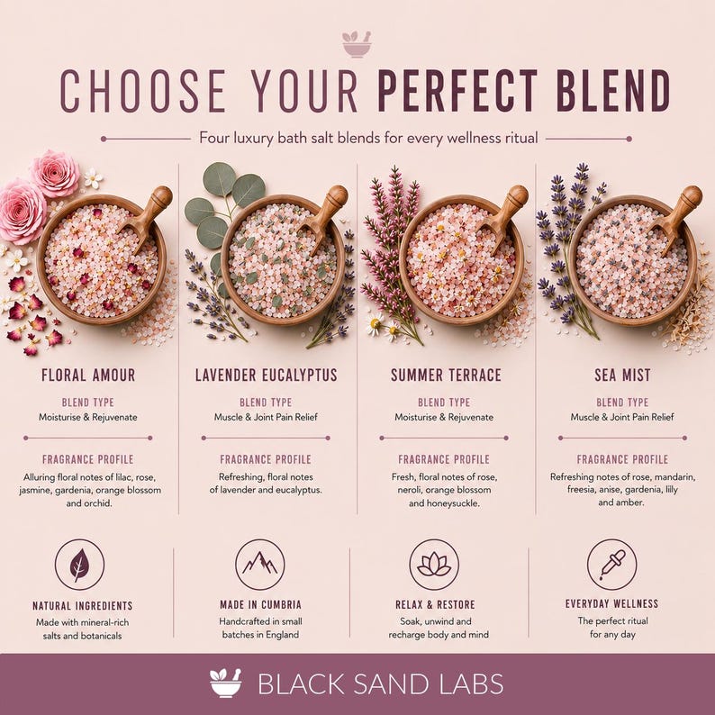 May include: A product display featuring four wooden bowls filled with pink bath salts, each with a small wooden scoop. The text reads CHOOSE YOUR PERFECT BLEND, listing four varieties: Floral Amour, Lavender Eucalyptus, Summer Terrace, and Sea Mist.