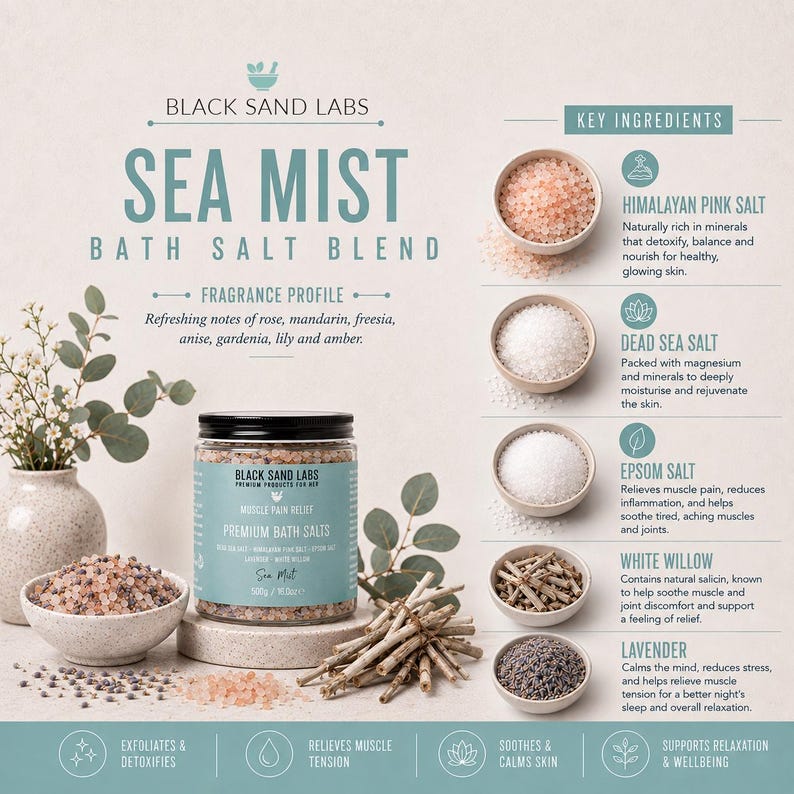 May include: A jar of Black Sand Labs Sea Mist bath salt blend with a label stating 500g / 17.6oz. The image displays ingredients including Himalayan pink salt, Dead Sea salt, Epsom salt, white willow, and lavender in small bowls with text.
