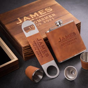 Groomsmen Flasks, Personalized Groomsmen Gifts, Groomsmen Proposal Box Set, Bottle Opener and Flask in Groomsmen Gift Box, Gift for Dad