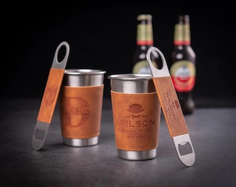 Personalized Beer Cup with Leather Holder, Beer Mug, Engraved Bottle Opener, Groomsmen Gifts, Best Man Gift, Wedding Party Gifts