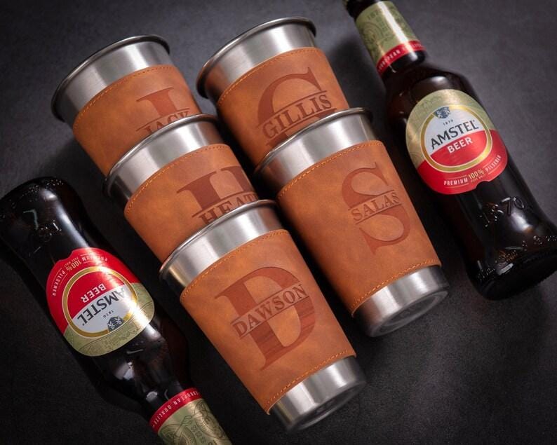 Groomsmen Gifts, Personalized Beer Cup, Beer Mug with Leather Can Holder, Groomsman Gift, Groomsmen Proposal, Bachelor Party Gifts