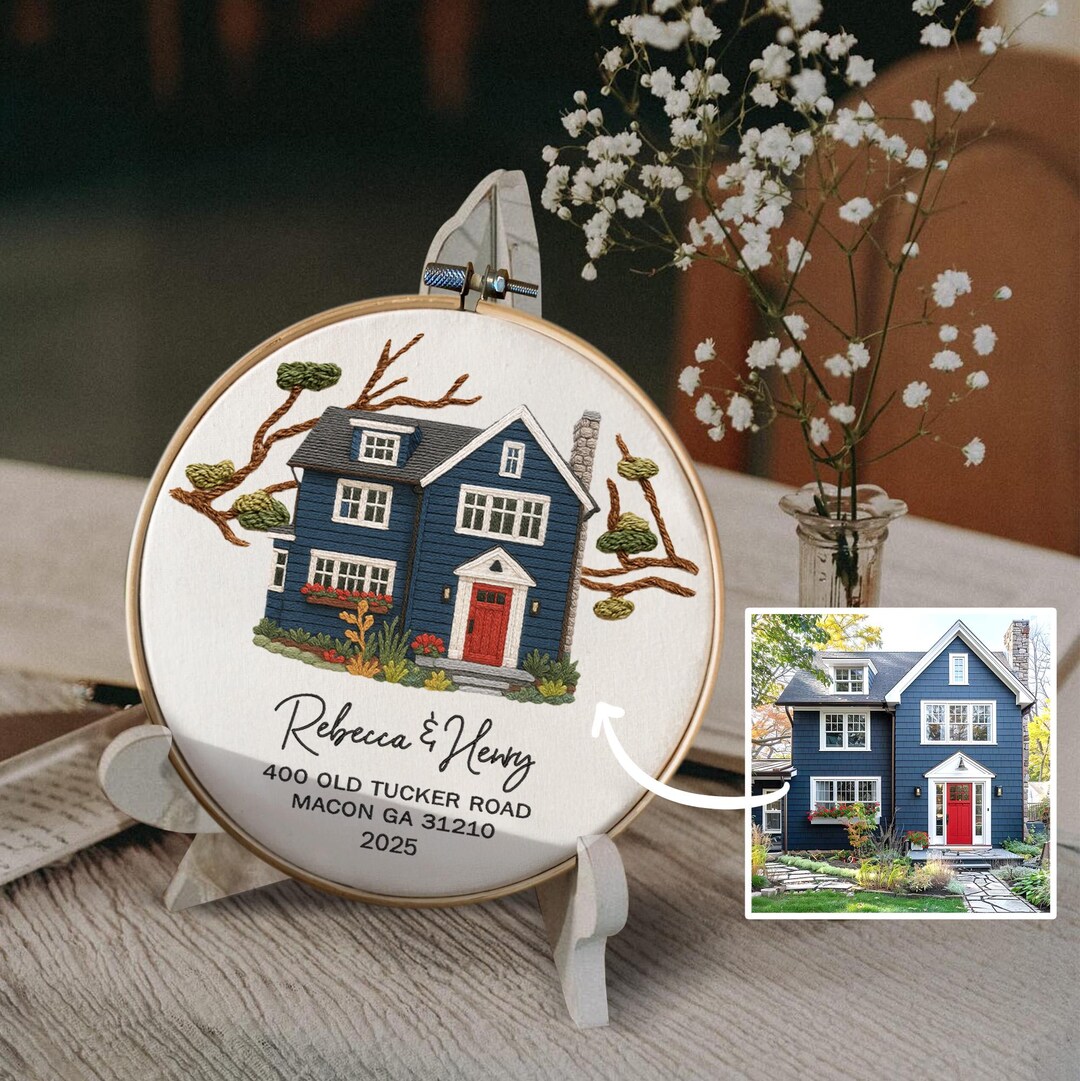 Custom Embroidered House Portrait Hoop – Personalized Housewarming Gift ...