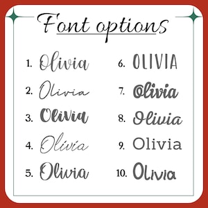 May include: Ten different font options for the name Olivia, numbered 1 through 10. The fonts range from simple to decorative.