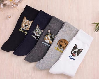 Custom Embroidered Pet Portrait Socks, Personalized Father's Day Gift for Dog Dad, Pet Lovers Gifts