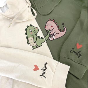 Custom Embroidered Dinosaur Sweatshirt, Cute Valentines Couple Sweatshirt, Dino Lovers Couple Matching Hoodies, Anniversary Valentines Gifts