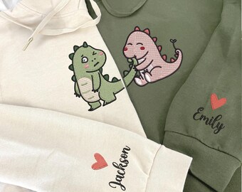 Custom Embroidered Dinosaur Sweatshirt, Cute Valentines Couple Sweatshirt, Dino Lovers Couple Matching Hoodies, Anniversary Valentines Gifts