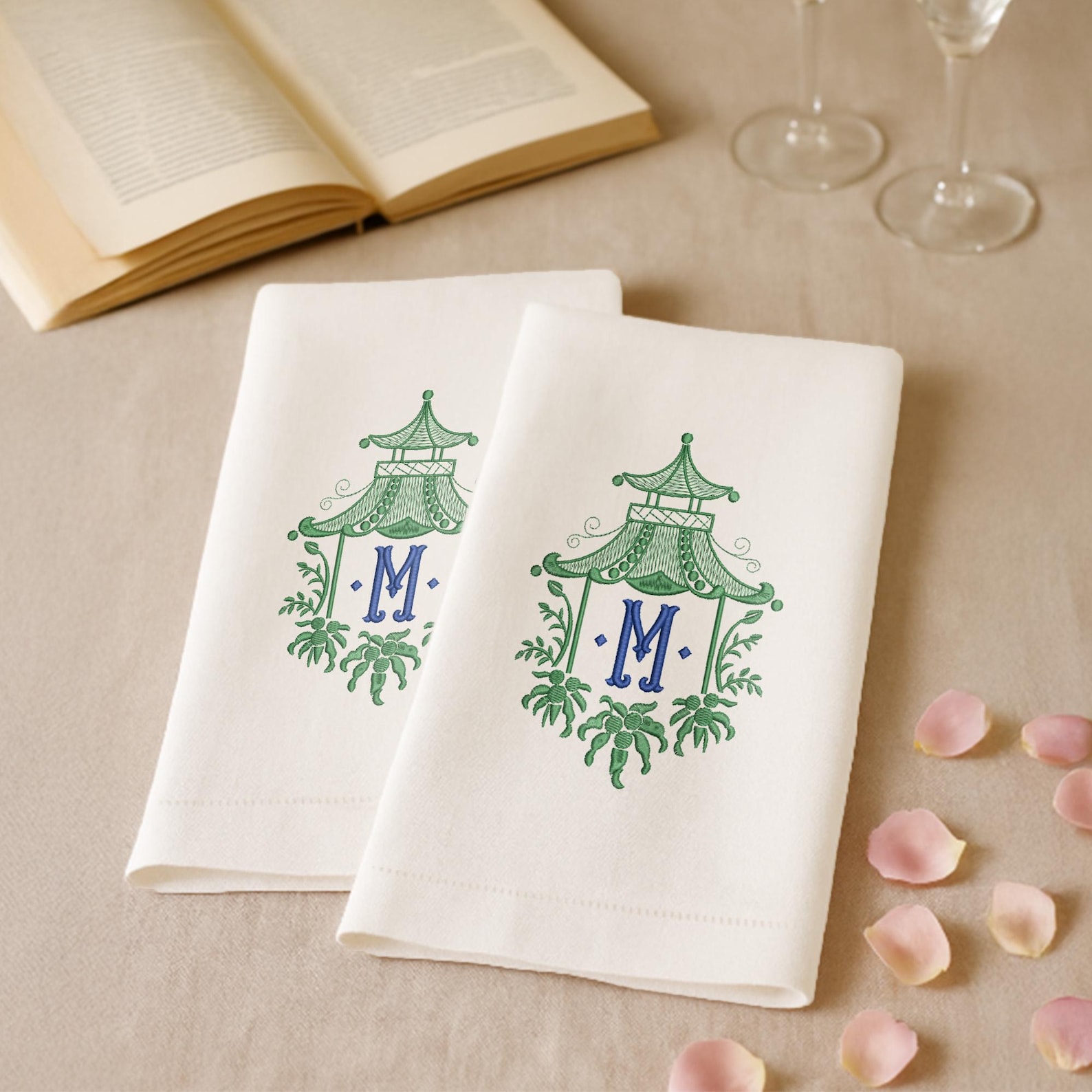 Embroidered Monogrammed Hand Towel Gift, Custom Chinoiserie Hand Towel, Personalized Wedding Gifts for Couple, New Home Gift, Tea Towel Gift - Green
