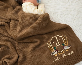 Embroidered Monogrammed Baby Blanket, Custom Mallard Ducks Crest Quilt Blanket, Baby Shower Gift for Boy, Duckling Baby Christmas Gift