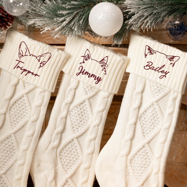 Custom Pet Christmas Stocking, Embroidered Cat Ears Stocking, Personalized Knit Stockings For Pet Lover, Family Christmas Gift, Dog Stocking