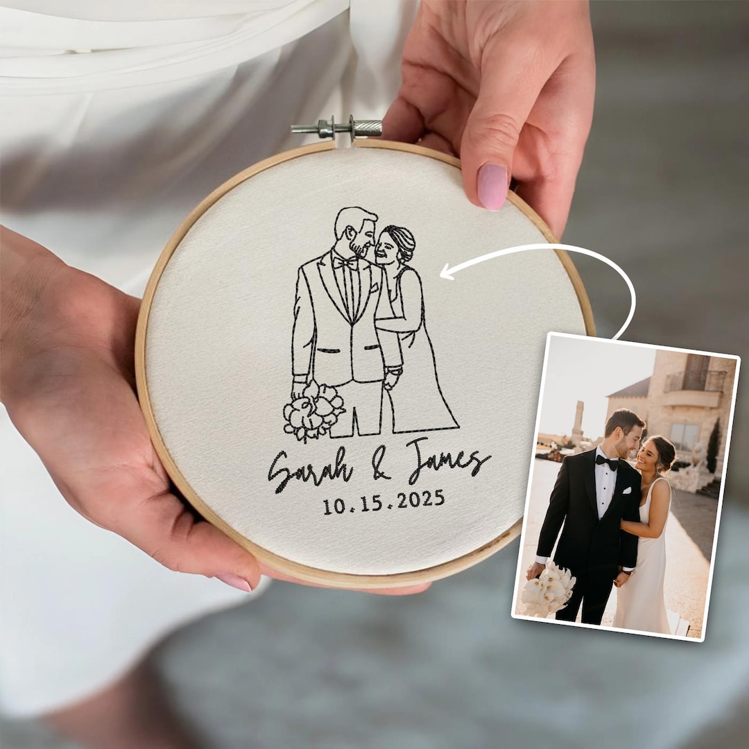 Custom Embroidered Couple Portrait Hoop, Personalized Line Art Couple ...