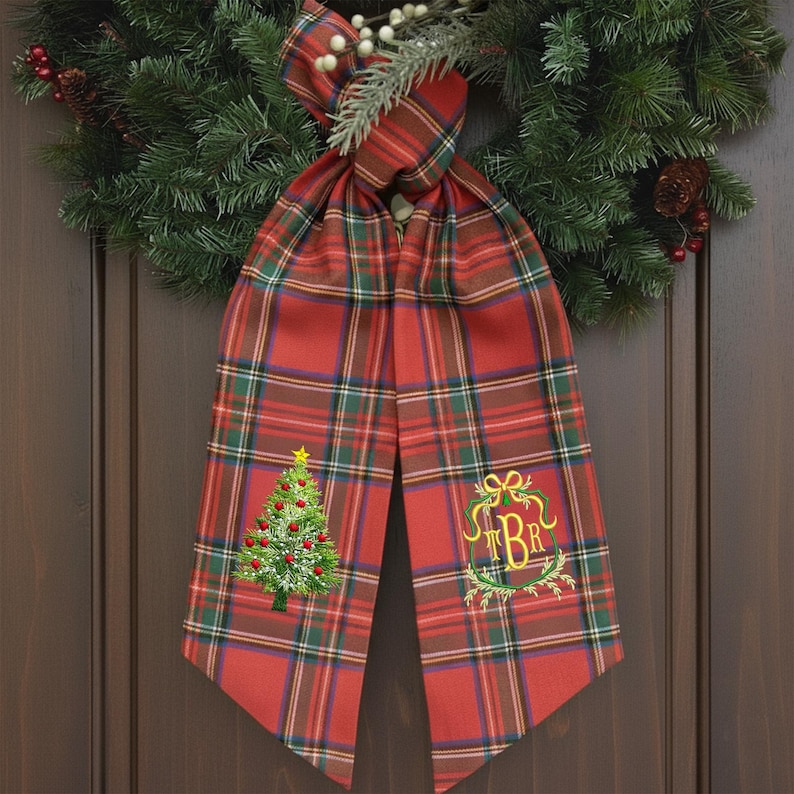 Embroidered Christmas Tree Wreath Sash, Personalized Monogram Wreath Sash, Embroidered Fluffy Christmas Tree Wreath Sash with Monogram