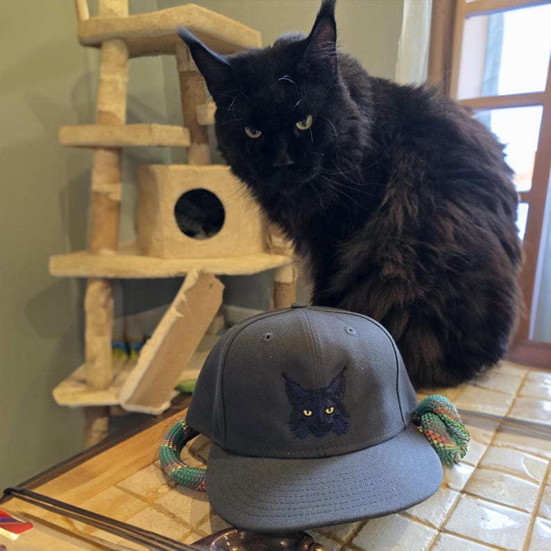 May include: A black cat with green eyes sits on a table next to a dark blue baseball cap with a black cat embroidered on the front.