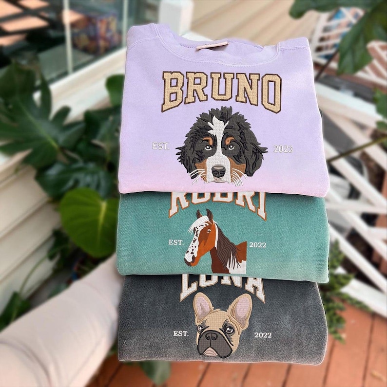 Puede incluir: Tres sudaderas apiladas una encima de la otra. La sudadera superior es lavanda con el texto "BRUNO EST. 2023" y una ilustraci&oacute;n de un perro marr&oacute;n y blanco. La sudadera del medio es turquesa con el texto "ROOKIE EST. 2022" y una ilustraci&oacute;n de un caballo marr&oacute;n y blanco. La sudadera inferior es de color carb&oacute;n con el texto "LUNA EST. 2022" y una ilustraci&oacute;n de un bulldog franc&eacute;s marr&oacute;n y blanco.