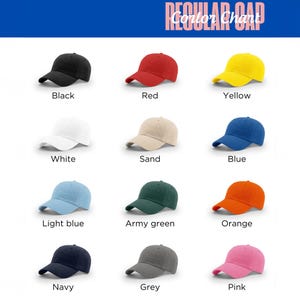 May include: Color chart showing 12 different colors of baseball caps. The colors are black, red, yellow, white, sand, blue, light blue, army green, orange, navy, grey, and pink.