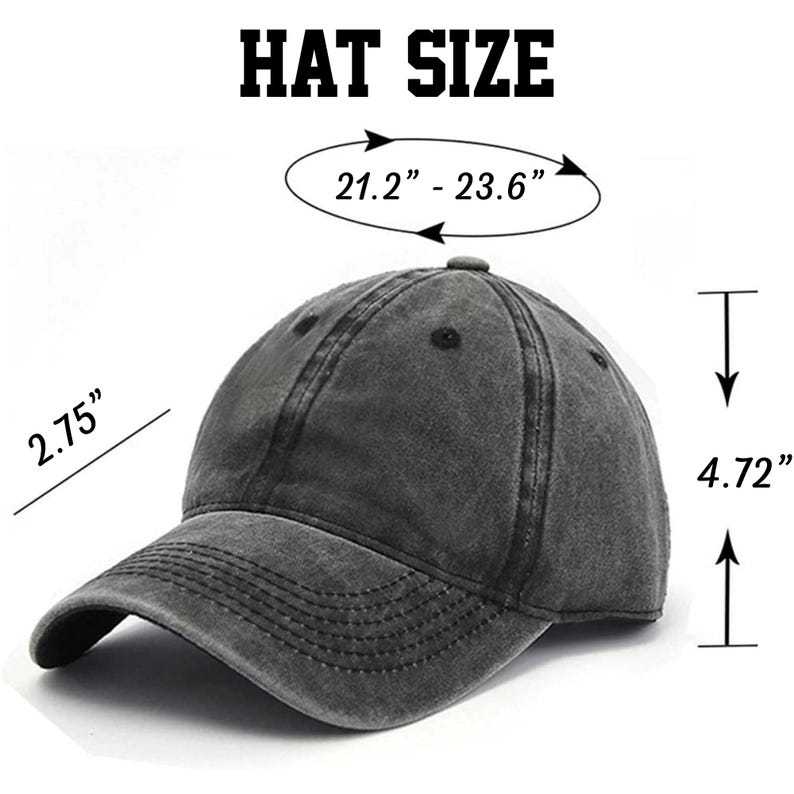 May include: A gray, washed cotton baseball cap with a curved brim. The hat size is 21.2 inches to 23.6 inches. The hat is 4.72 inches tall and 2.75 inches wide.