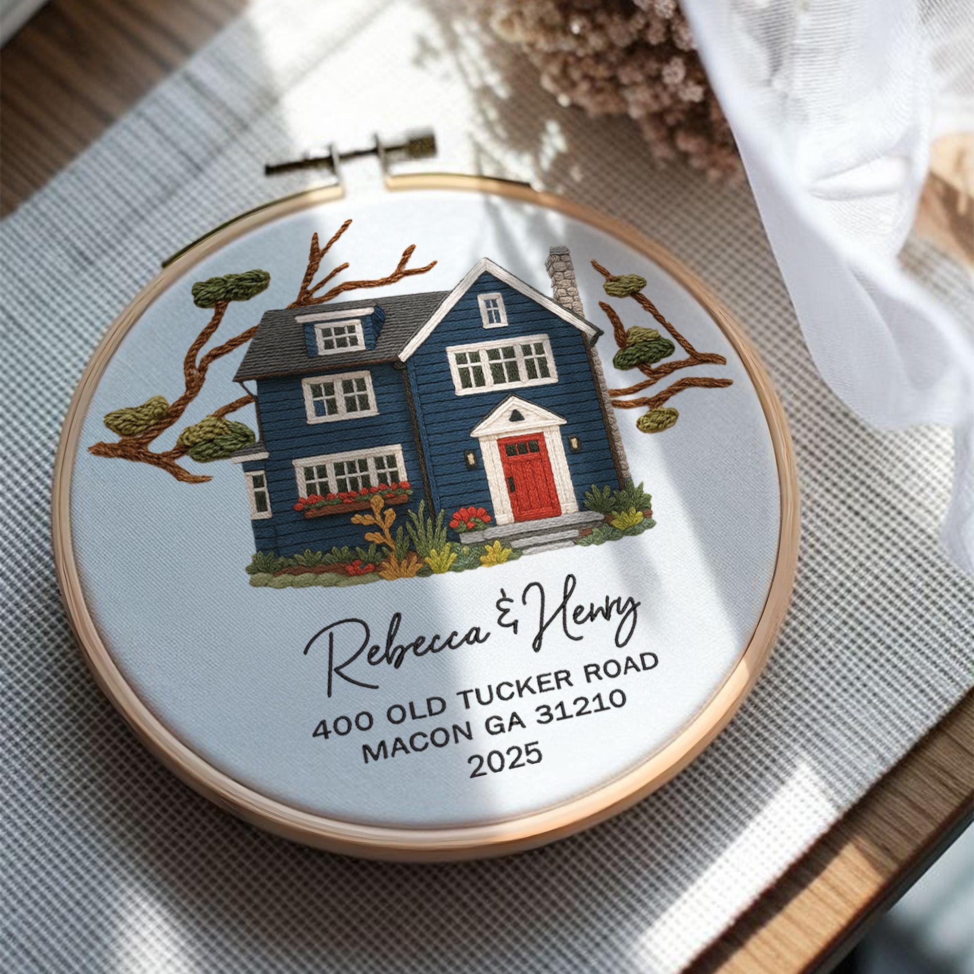 Custom Embroidered House Portrait Hoop – Personalized Housewarming Gift ...