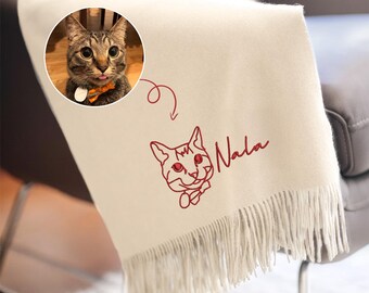 Embroidered Christmas Cat Line Drawing Scarf, Personalized Winter Luxury Scarf Gift for Cat Mom, Pet Lover Gifts for Cat Owners