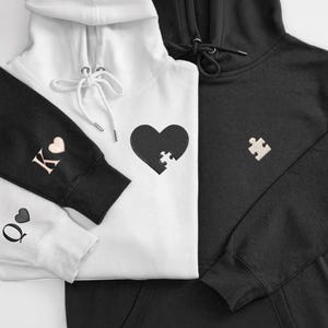 Custom Heart & Puzzle Valentines Hoodie, Embroidered Initial Heart Sweatshirt, You Complete Me Heart Puzzle Matching Hoodies Gift for Couple