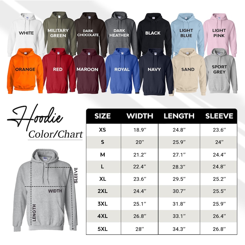 Puede incluir: Tabla de colores de sudadera con capucha con 16 opciones de colores diferentes. La tabla tambi&eacute;n incluye una tabla de tallas con medidas de ancho, largo y largo de manga en pulgadas. Las tallas van de XS a 5XL.