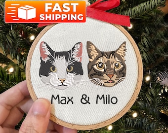Personalized Embroidery Cat Photo Ornament, Custom Cat Christmas in Hoop, Cat Portrait Gift for Pet Owners, Cat Mom Gift