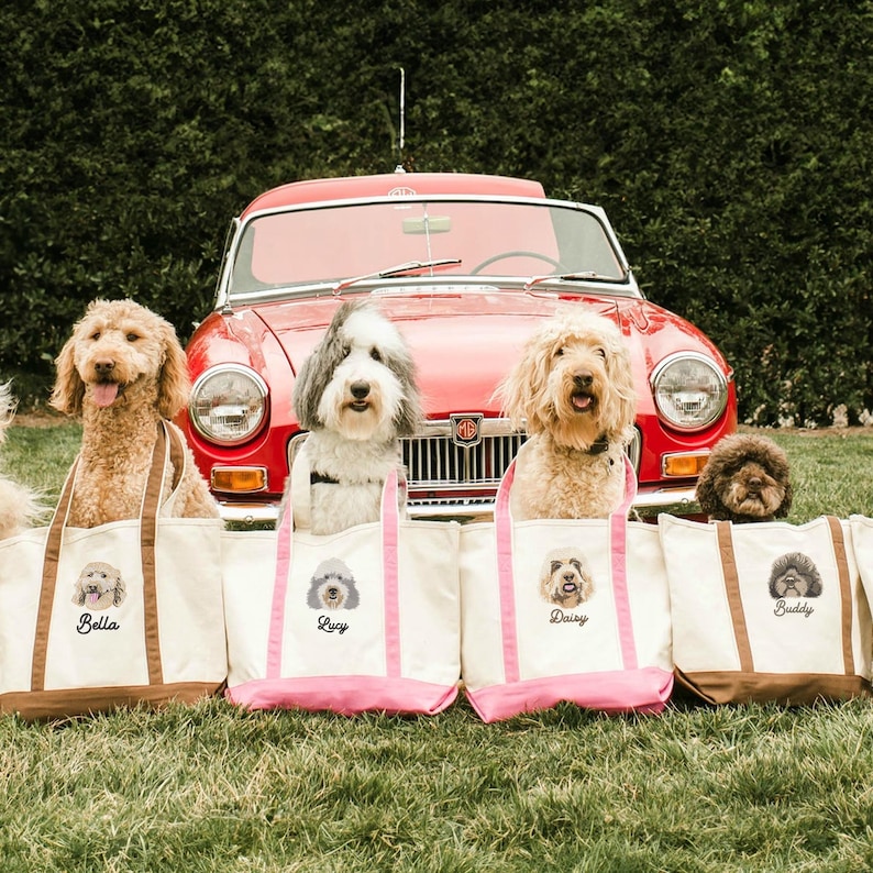 May include: Five personalized tote bags with dog portraits and names, "Bella", "Lucy", "Daisy", and "Buddy",  are lined up in front of a red vintage car.