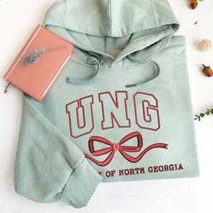 Custom College Embroidered Sweatshirt with Bow, Coquette School University Sweater, Crewneck University Sweatshirt, Sorority Alumni Shirt
