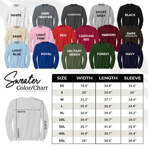 Puede incluir: Tabla de colores de su&eacute;ter con 16 opciones de colores diferentes. La tabla muestra el tama&ntilde;o, el ancho, la longitud y la longitud de la manga en pulgadas para las tallas XS a 5XL.