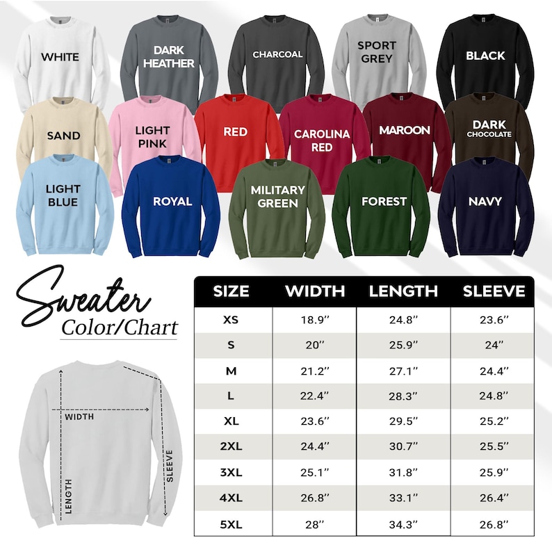 Puede incluir: Tabla de colores de su&eacute;ter con 16 opciones de colores diferentes. La tabla muestra el tama&ntilde;o, el ancho, la longitud y la longitud de la manga en pulgadas para las tallas XS a 5XL.