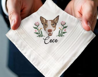 Embroidered Pet Portrait Handkerchief, Custom From Your Dog Wedding Handkerchief, Pet Photo Gift for Bride or Groom, Cat Face Gift for Groom