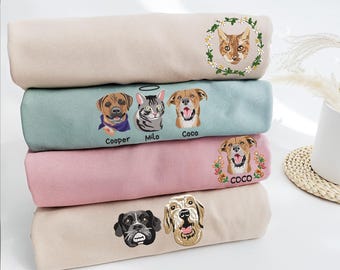 Custom Dog Portrait Embroidered Sweatshirt, Custom Embroidered Pet Hoodie, Personalized Pet Face and Pet name Sweatshirt, Gift For Mom