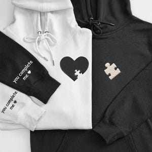 Custom Embroidered Heart & Puzzle Hoodie, Valentines Couple Sweatshirt, You Complete Me Couple Matching Sweater, Anniversary Gift for Him