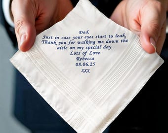 Custom Father of the Bride Handkerchief, Personalized Embroidered Wedding Hankie Gift for Dad, Embroidered Mens Handkerchief Gift from Bride