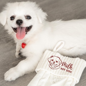 Custom Pet Christmas Stocking Line Drawing From Photo, Embroidery Dog Stocking, Personalized Knit Stockings For Pet Lover, Christmas Gift