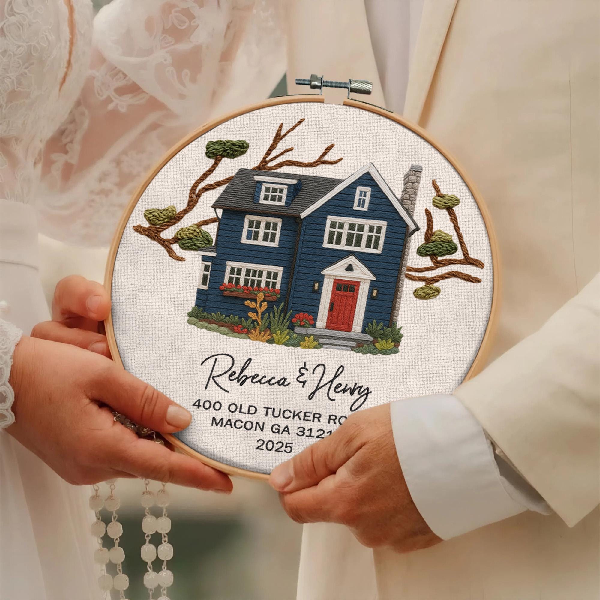 Custom Embroidered House Portrait Hoop – Personalized Housewarming Gift ...